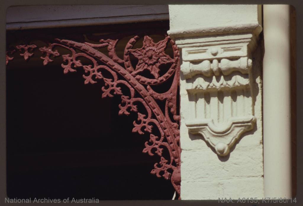 Decorated column and cast iron lacework on a Glebe terrace house, Sydney, 1980