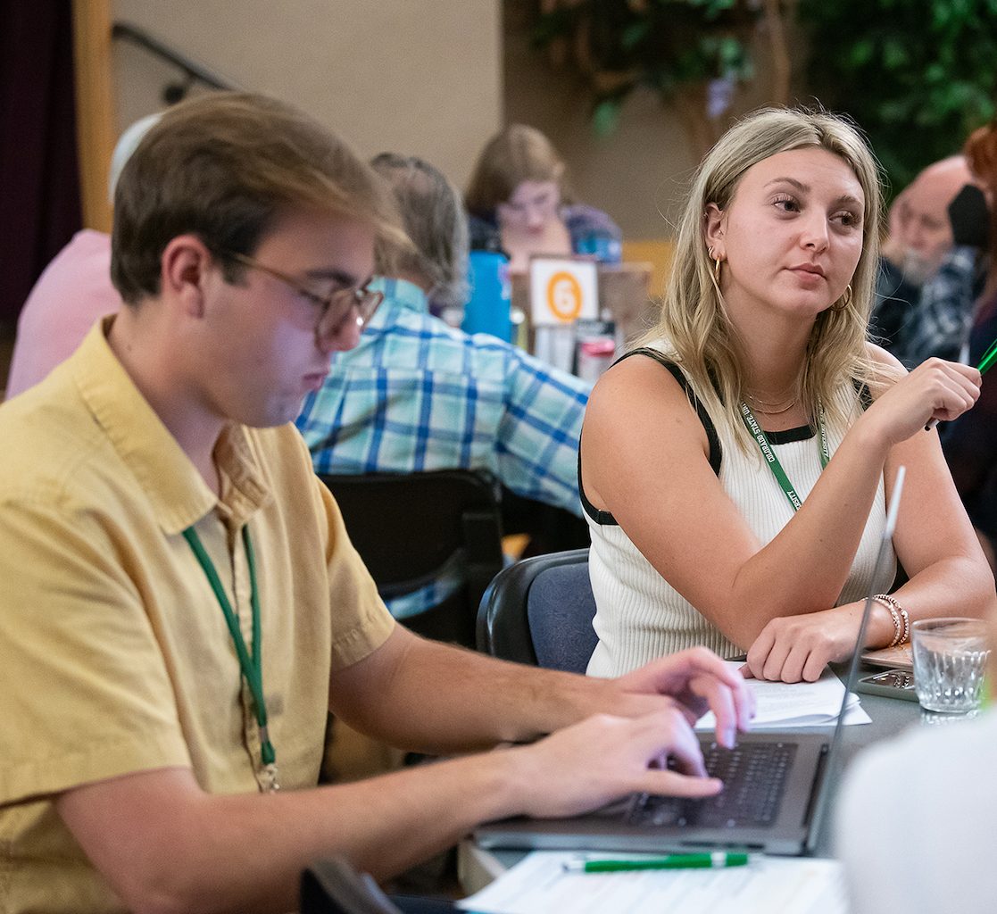 Student facilitators Siena DiGiacomo and Patrick McCabe at a Fort Collins community meeting