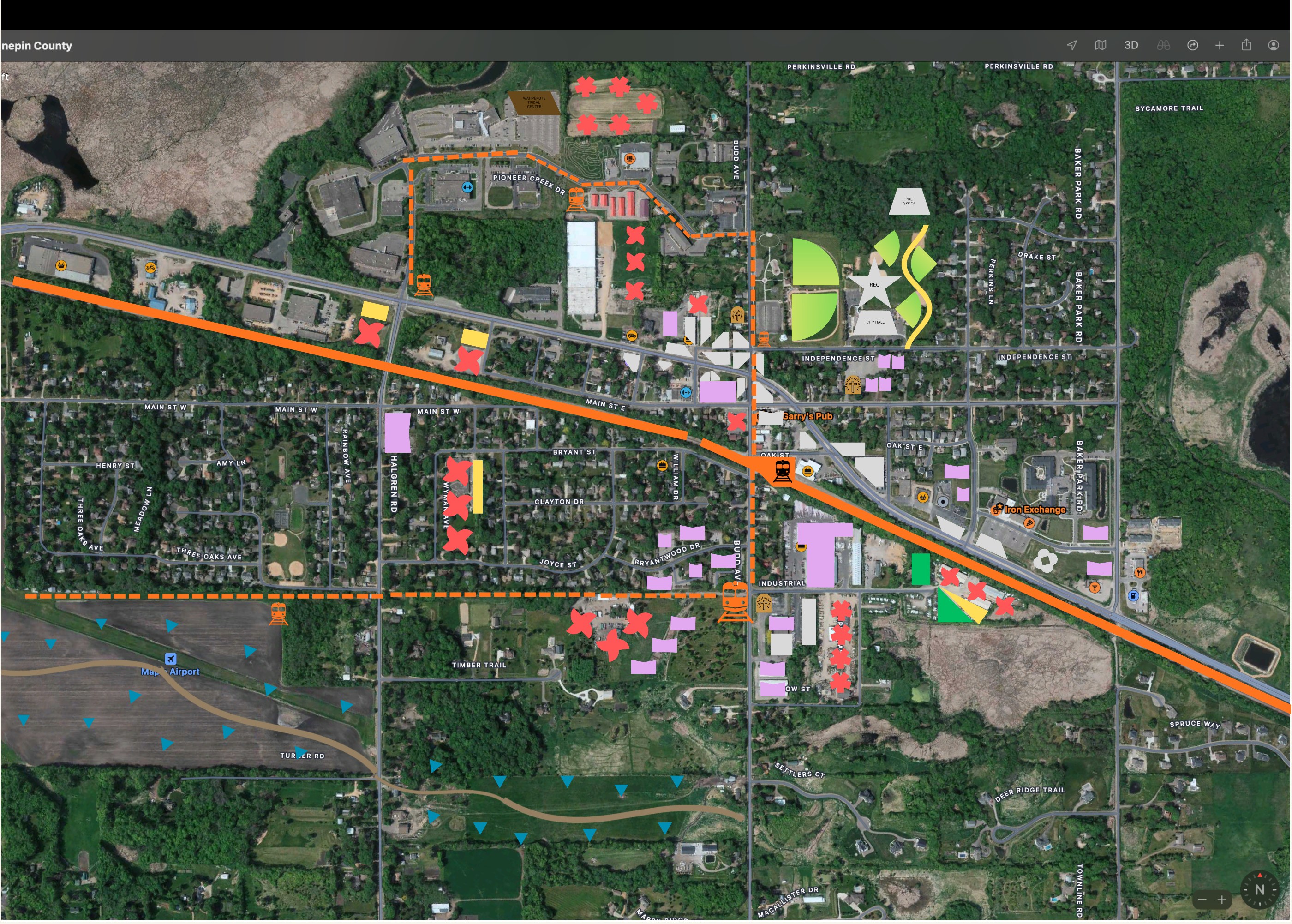 Patrick McCabe's annotated aerial map of downtown Maple Plain