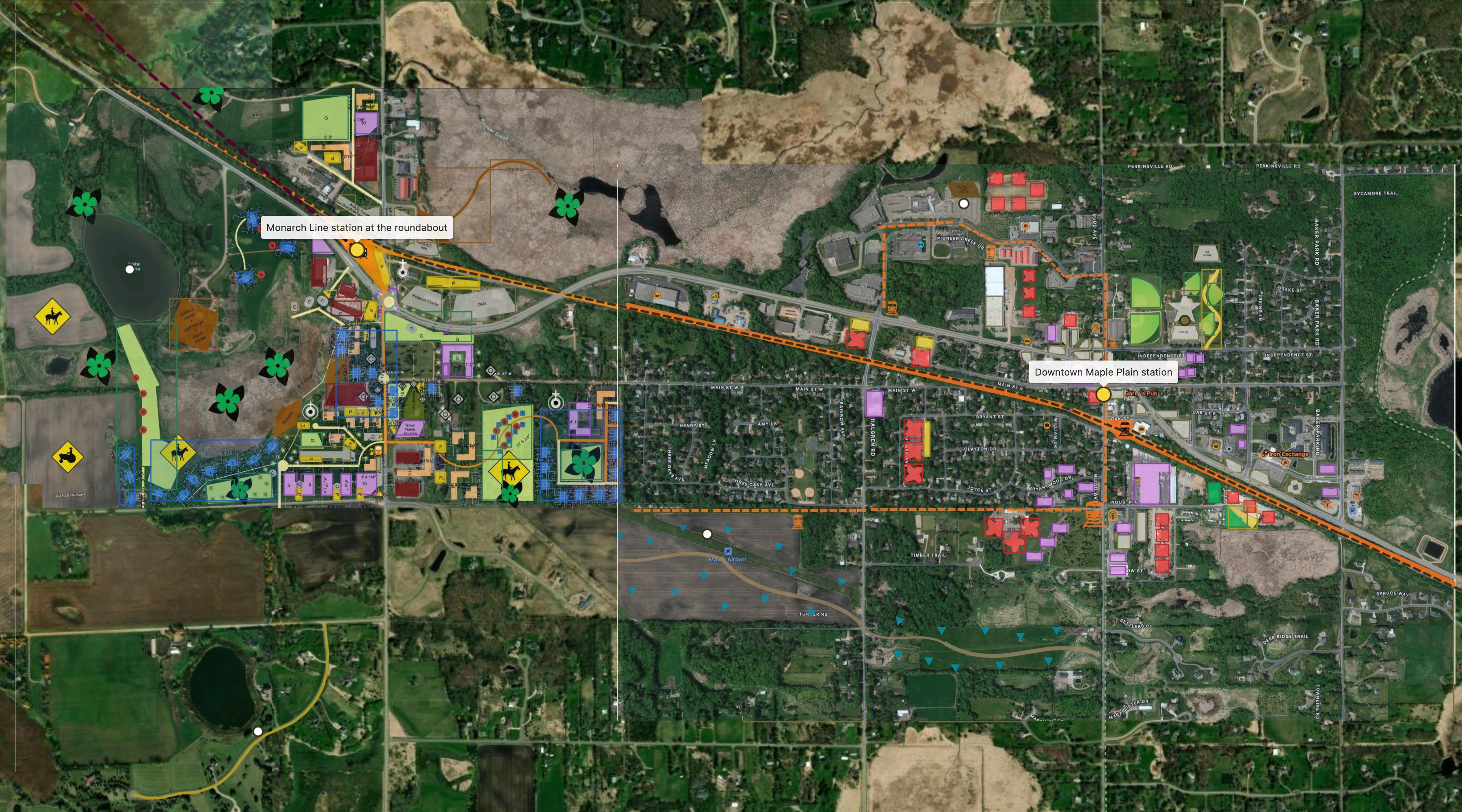Both hand-drawn plans placed on an aerial photograph of Independence and Maple Plain, with the BNSF line and the two stations