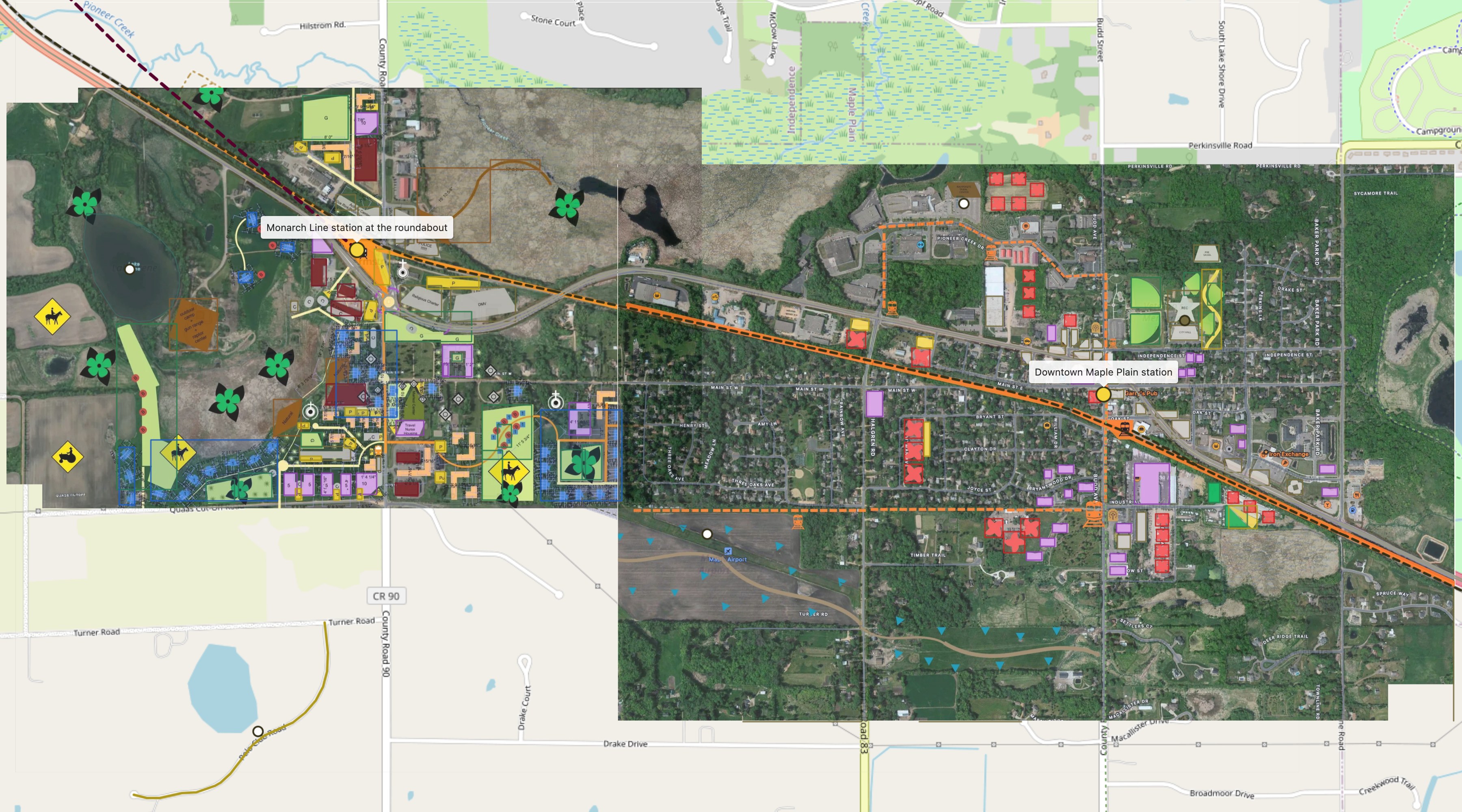 Both hand-drawn plans placed on a street map of Independence and Maple Plain, with road names