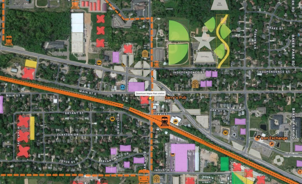 Close-up of the downtown Maple Plain station on the aerial