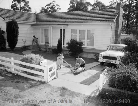 In the front garden of a suburban home in Newcastle, 1964