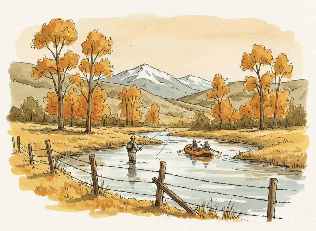 Watercolor illustration of a Colorado river: a wading angler, a passing raft, and a ranch fence running down to the water (AI-generated)