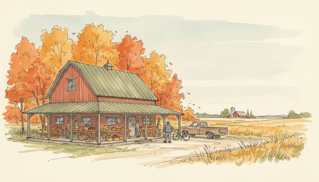 Concept sketch of a small farm market building with a covered porch of produce tables, maples in autumn color and tallgrass prairie behind it